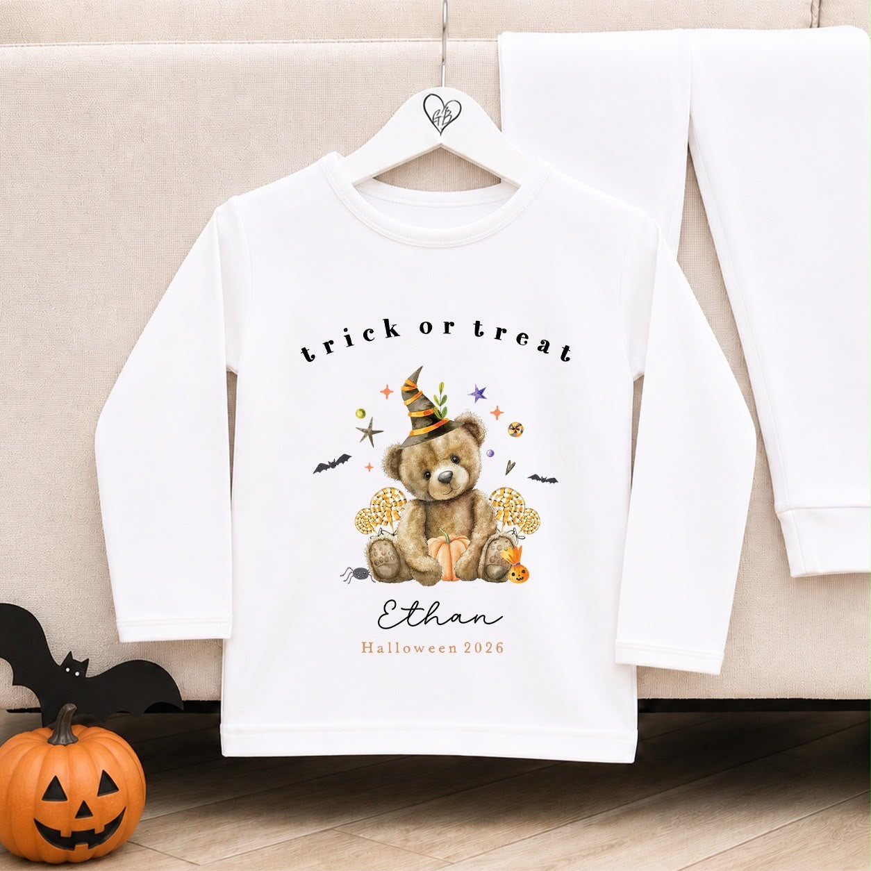 Personalised Halloween Pyjamas | Matching Sibling Halloween Pyjamas | Trick or Treat Bear Design