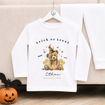 Personalised Halloween Pyjamas | Matching Sibling Halloween Pyjamas | Trick or Treat Bear Design