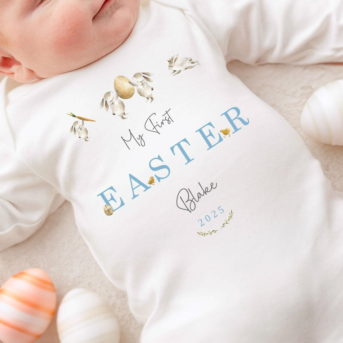 Personalised Easter Baby Vest / Babygrow - First Easter Blue Trio Design