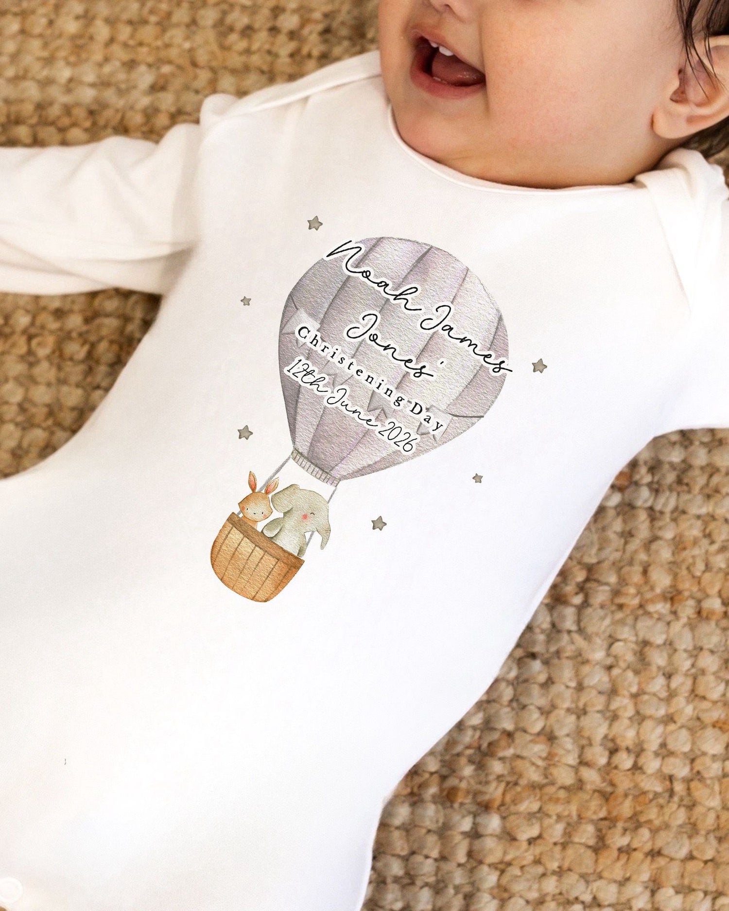 Personalised Christening Babygrow - Grey Hot Air Balloon Design