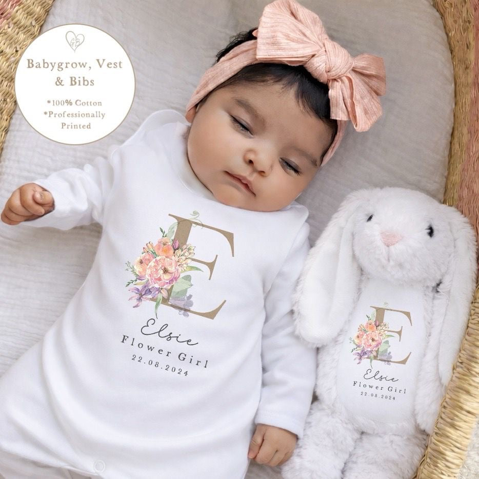 Personalised Flower Girl Babygrow / Short Sleeve Vest - Champagne Initial Design