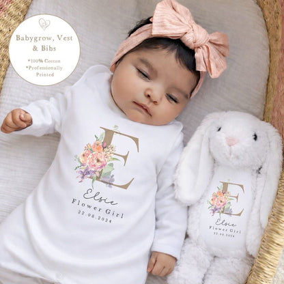 Personalised Flower Girl Babygrow / Short Sleeve Vest - Champagne Initial Design