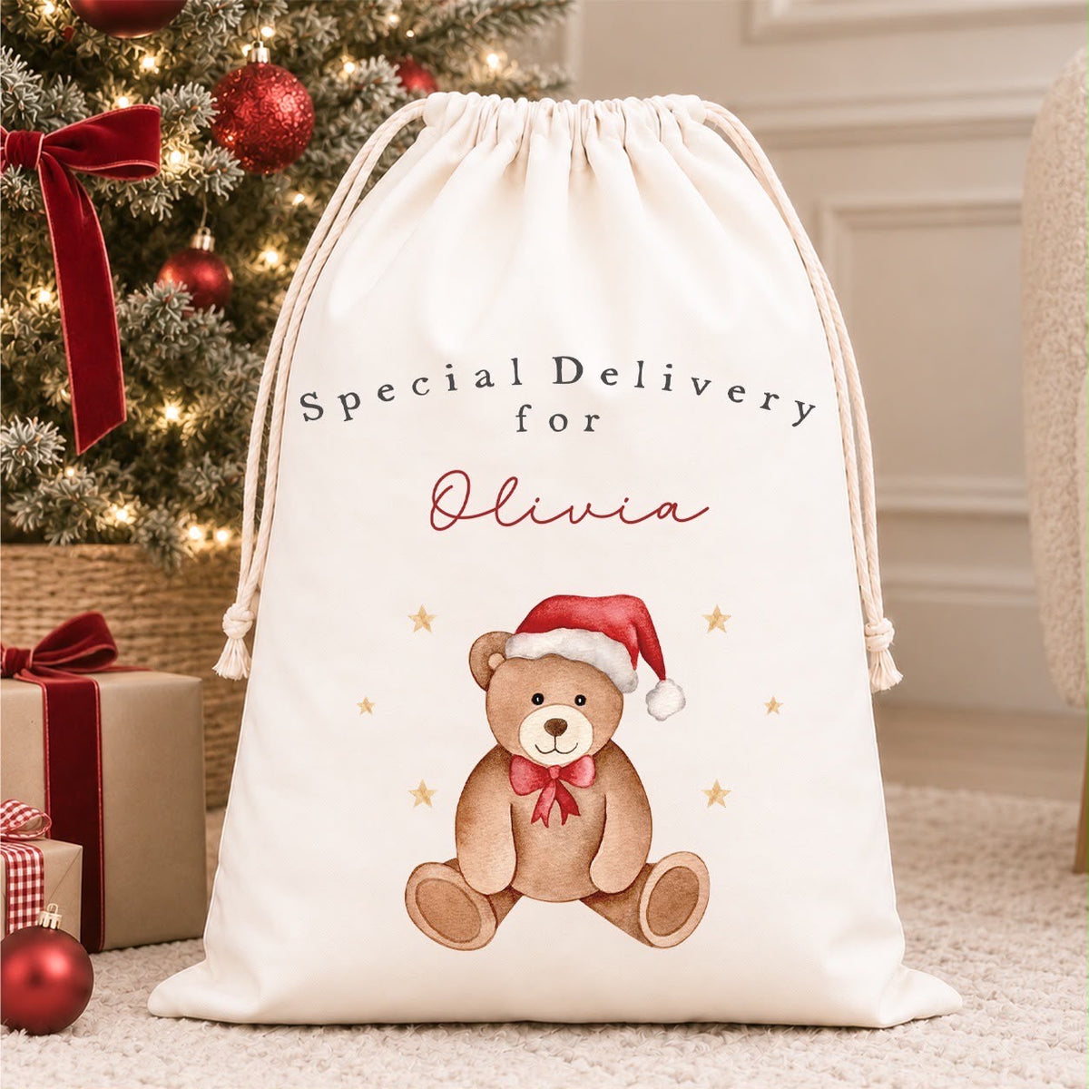 Luxury Personalised Premium Cotton Christmas Sack | Personalised Santa Sack | Red Bear Design