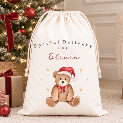 Luxury Personalised Premium Cotton Christmas Sack | Personalised Santa Sack | Red Bear Design