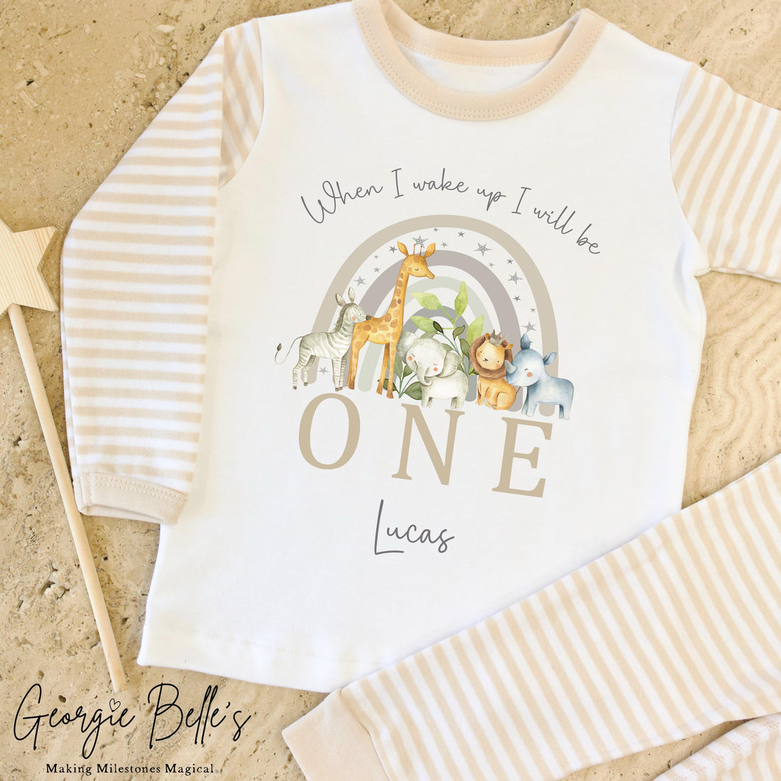 Personalised Beige Stripe Birthday Pyjamas - Safari Rainbow Design