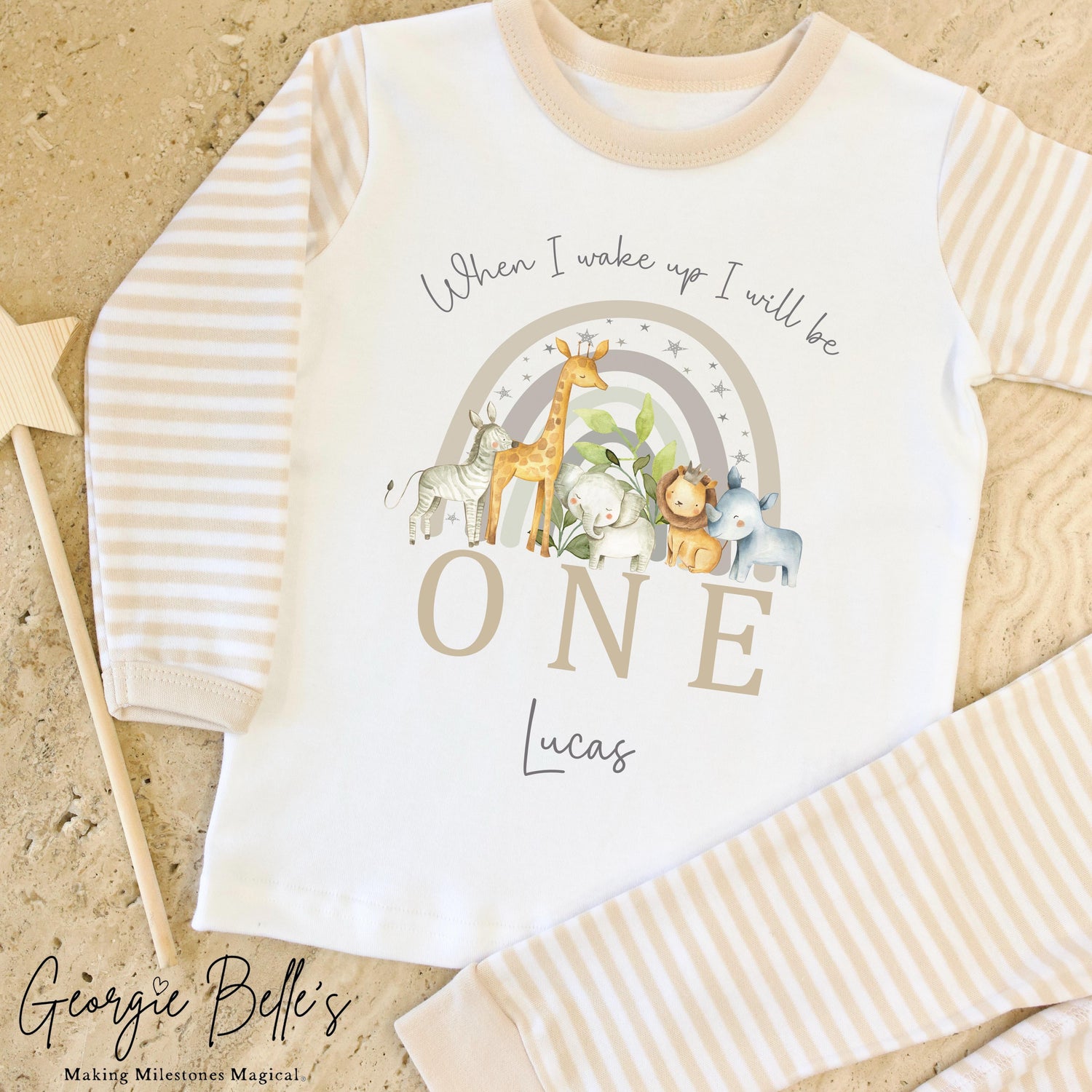 Personalised Beige Stripe Birthday Pyjamas - Safari Rainbow Design