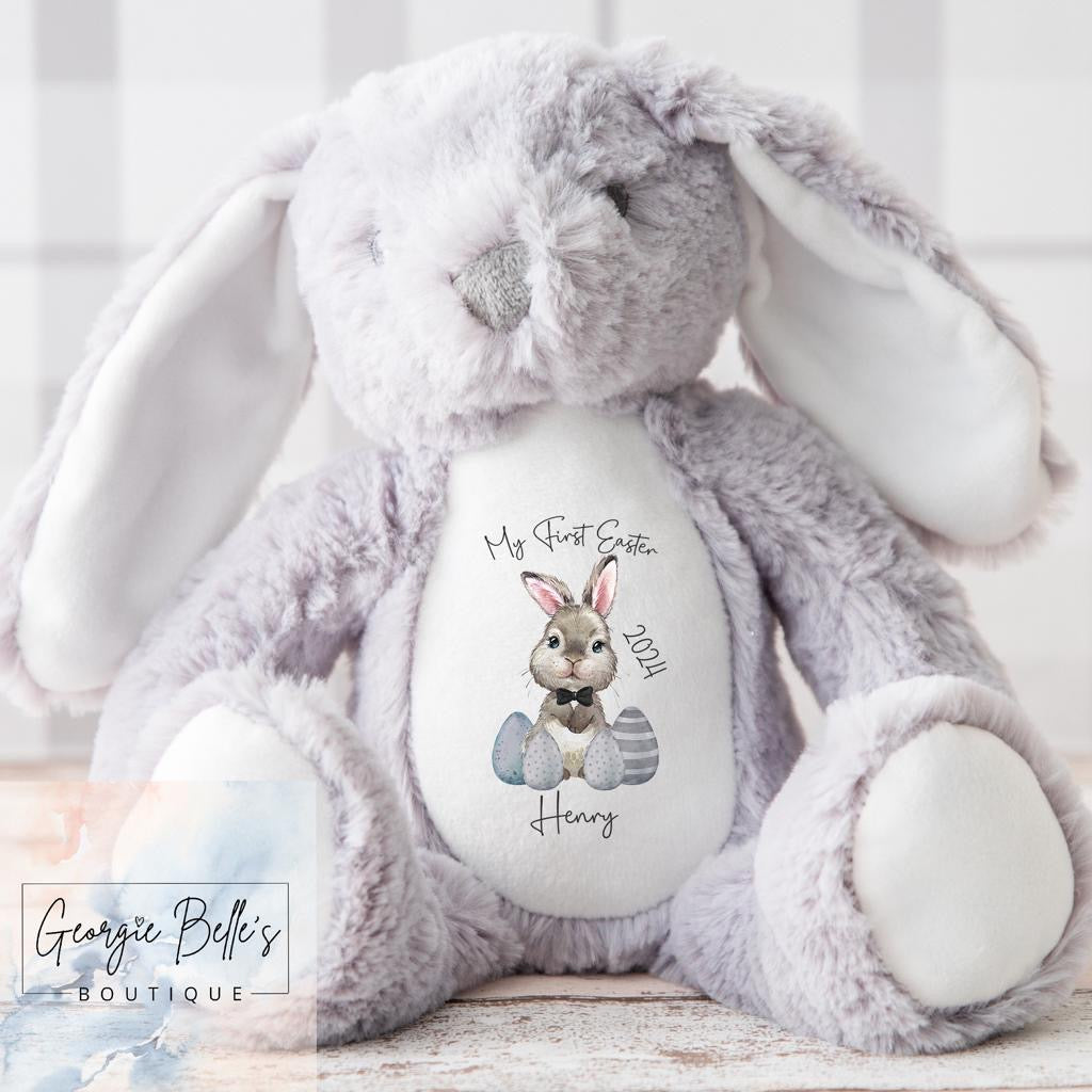 Boys Personalised Grey Easter Bunny Soft Toy
