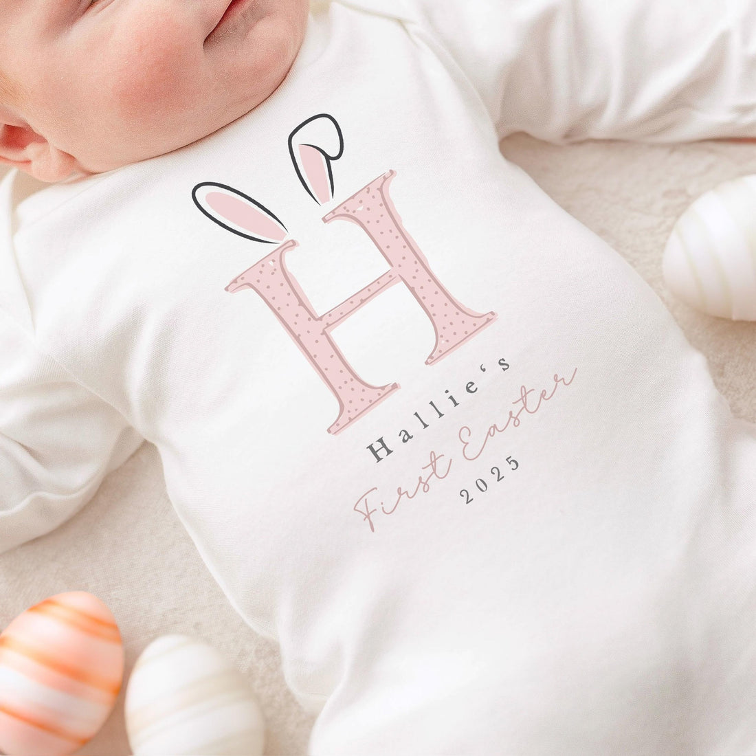 Personalised Easter Baby Vest / Babygrow - Bunny Pink Initial Design