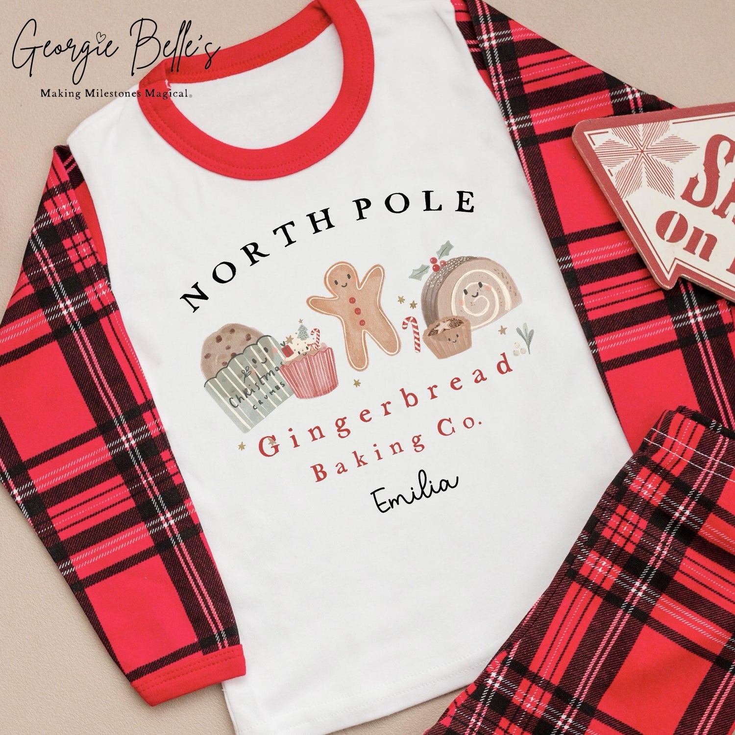 Personalised Tartan Christmas Pyjamas - North Pole Bakery Design