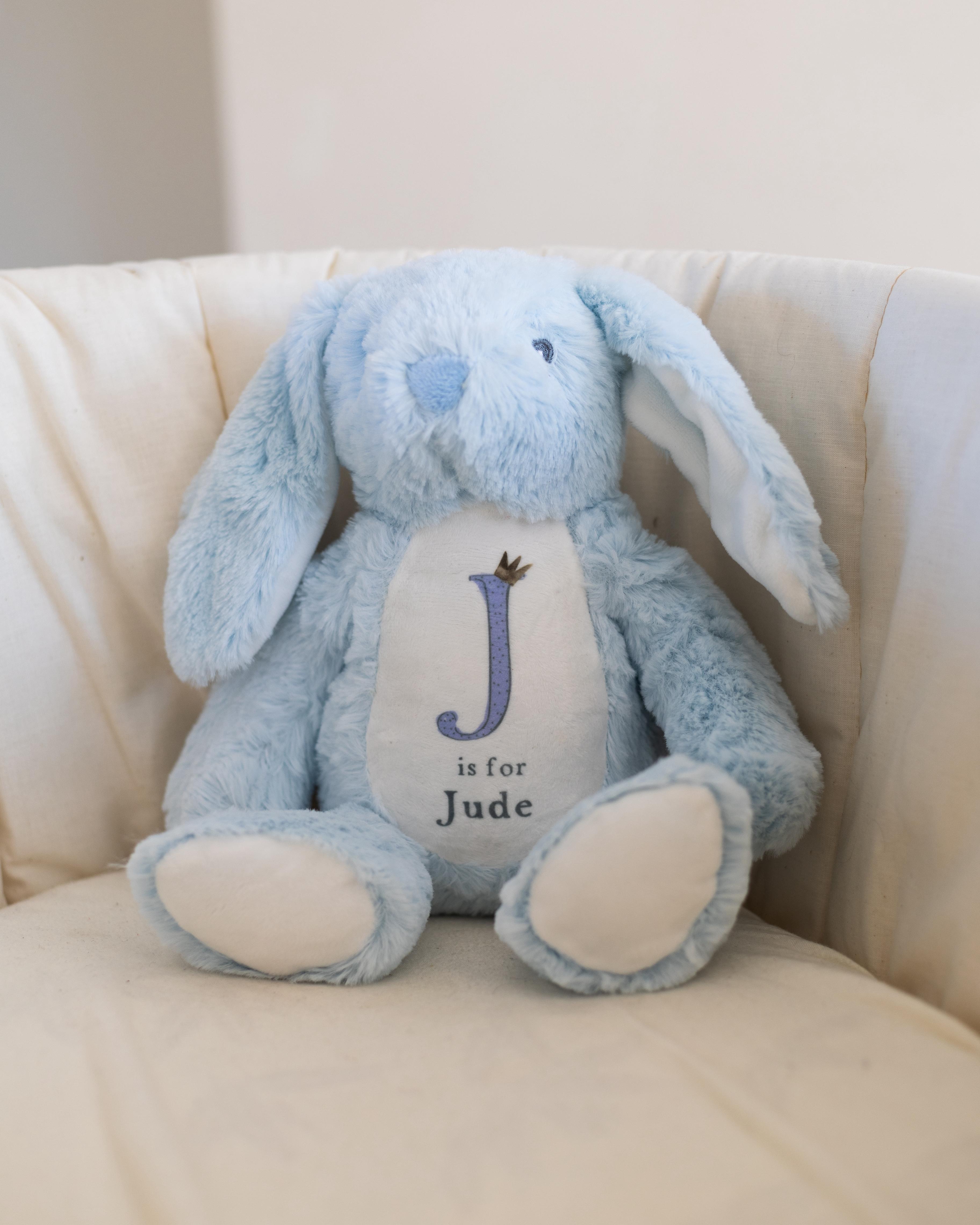 Personalised Baby Boy Bunny Soft Toy | Personalised Baby Gift - Blue Initial Design