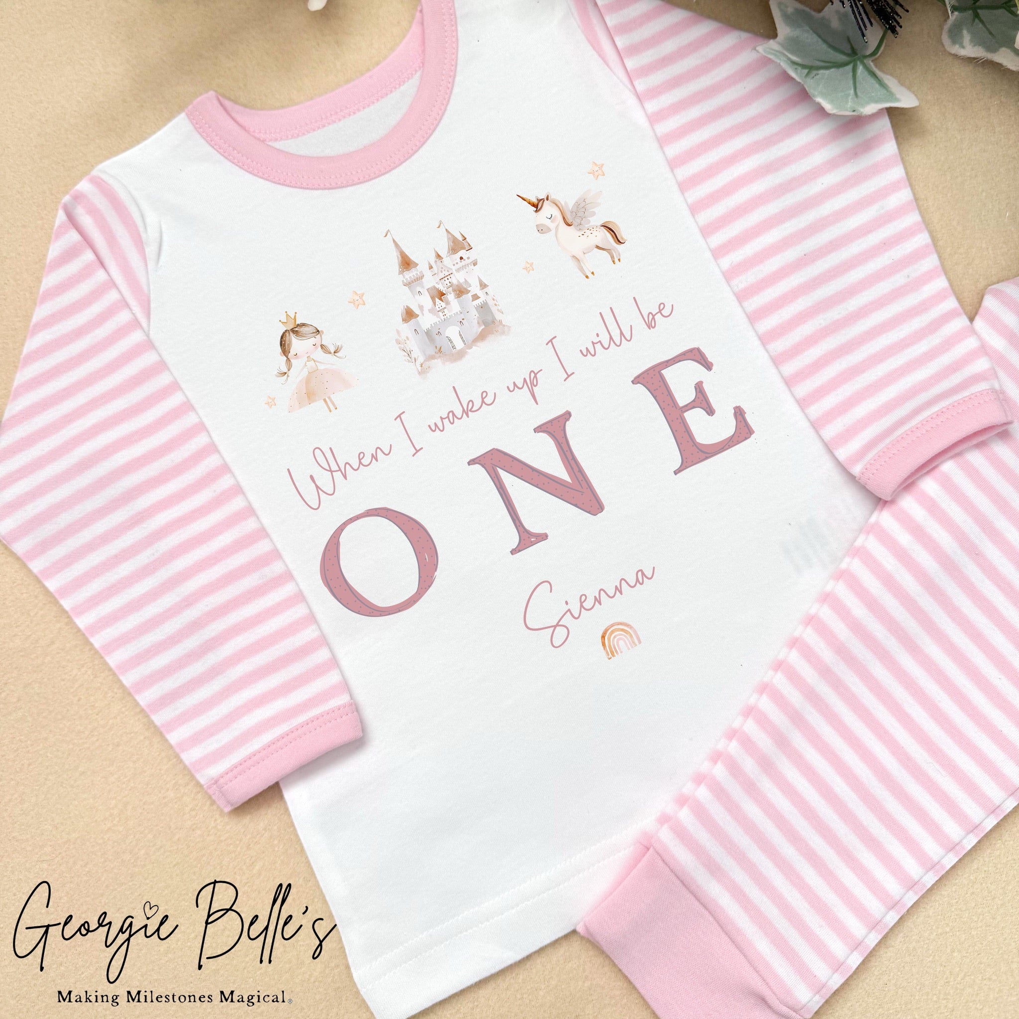 Personalised Pink Stripe Birthday Pyjamas - Pink Castle Trio Design