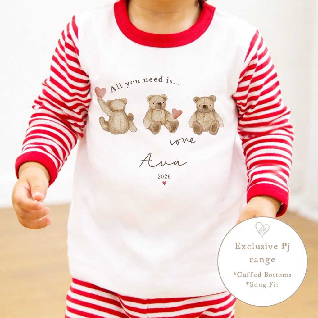 Personalised Red Stripe Valentines Pyjamas - Bear Trio All You Need is Love Design