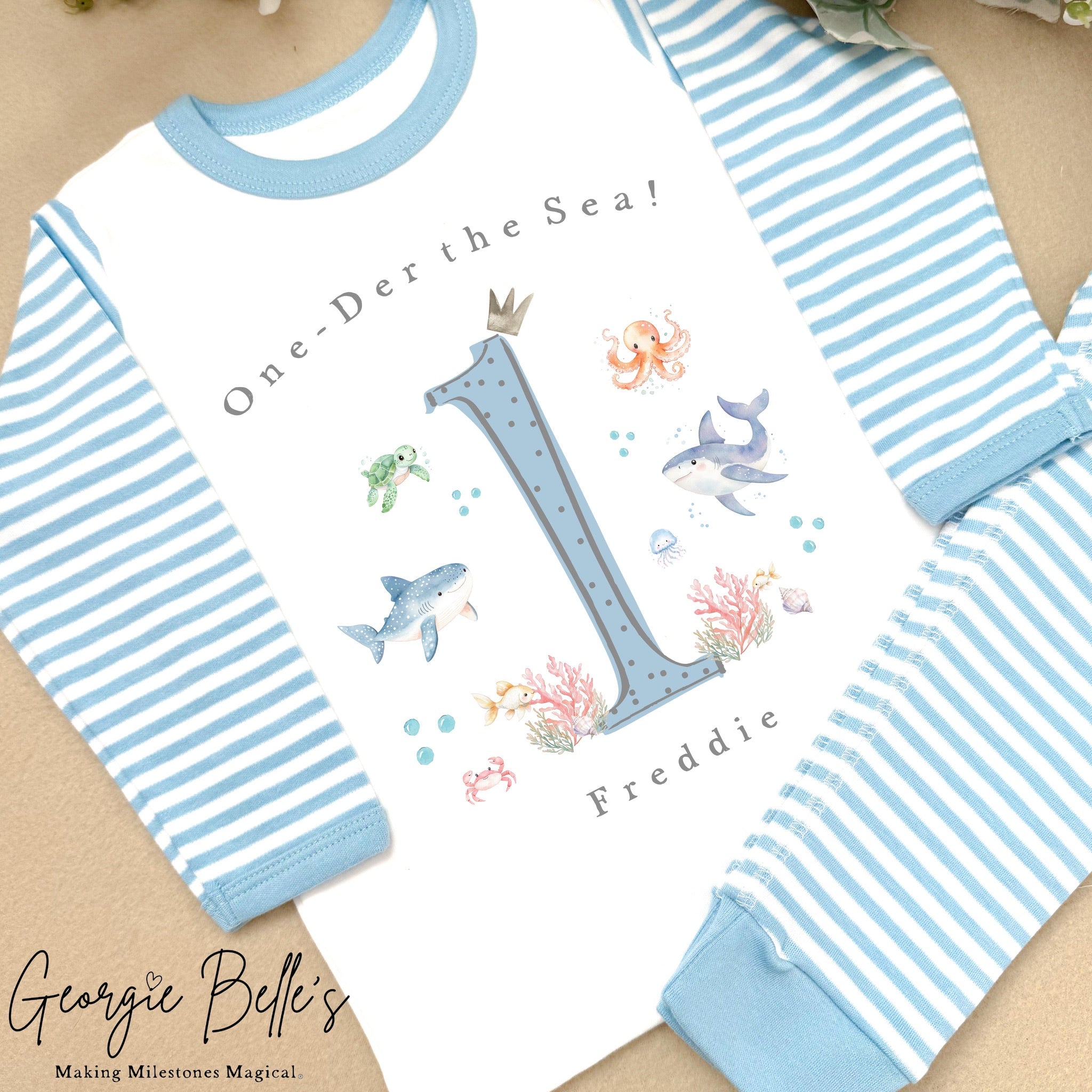 Personalised Blue Stripe Birthday Pyjamas - Blue One-der the sea Design