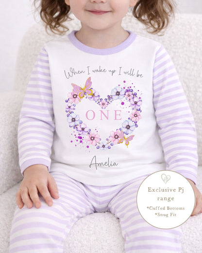 Personalised Lilac Stripe Birthday Pyjamas - Butterfly Heart Design