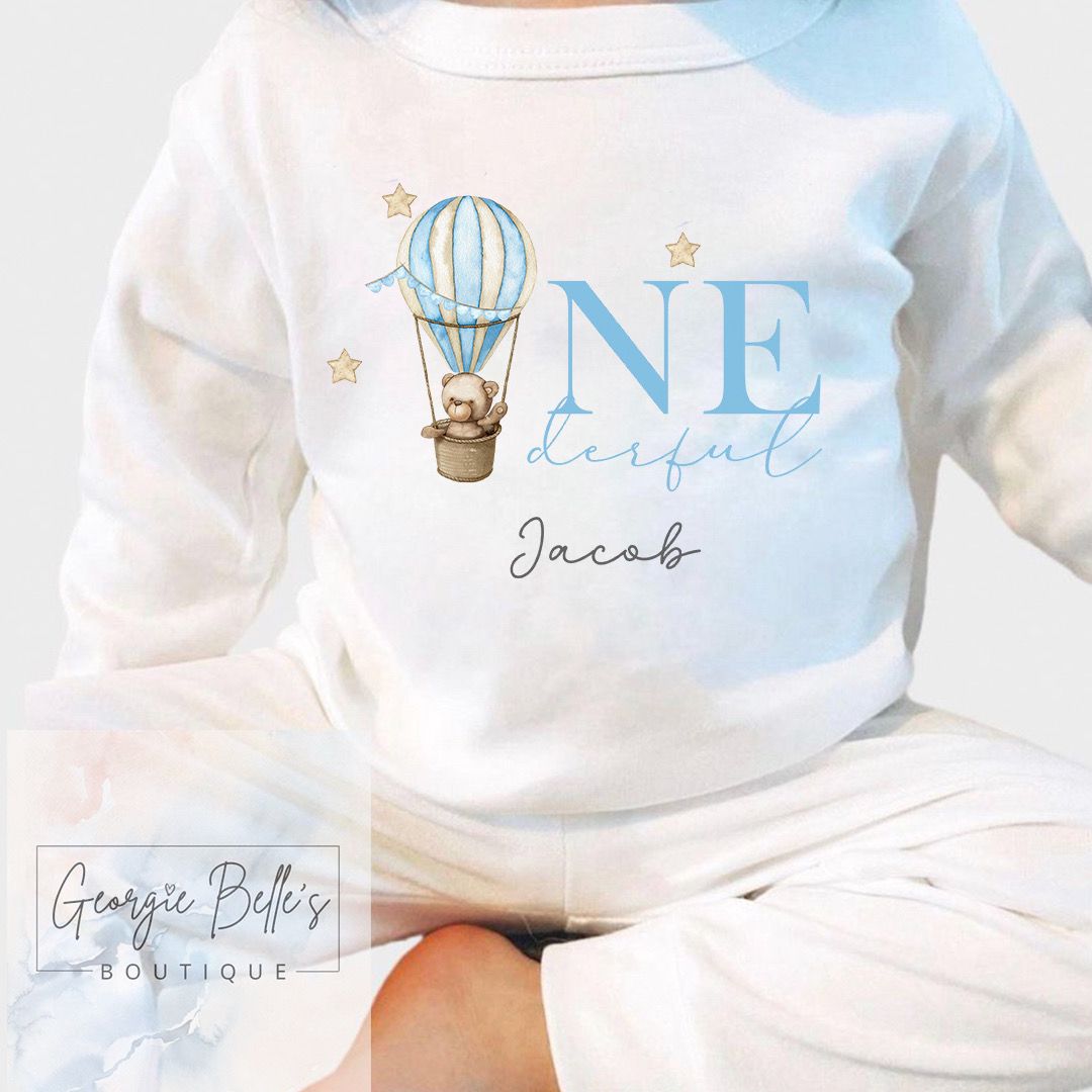 Personalised Birthday Pyjamas - Blue Hot Air Onederful Design