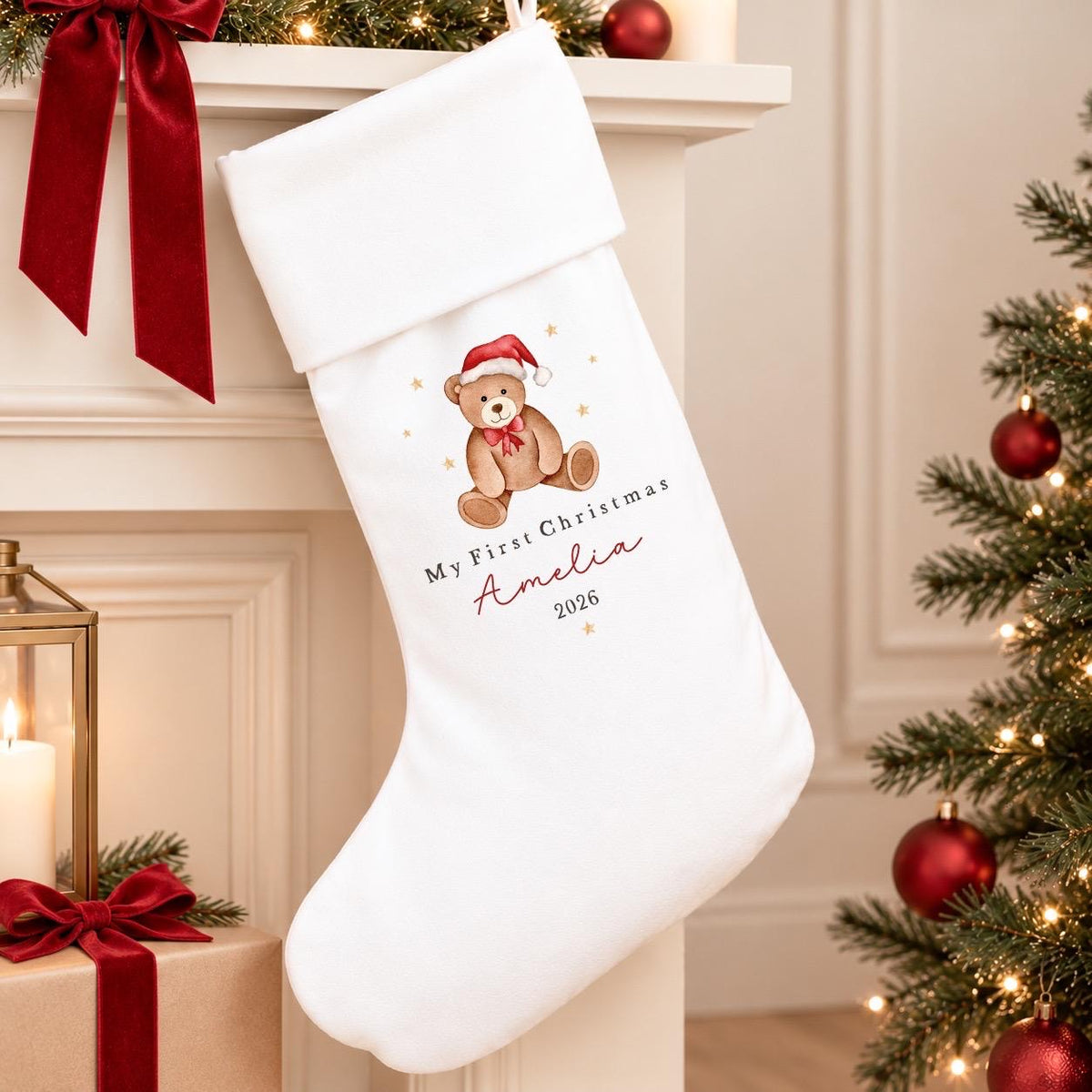 Personalised White First Christmas Stocking | Bear Design