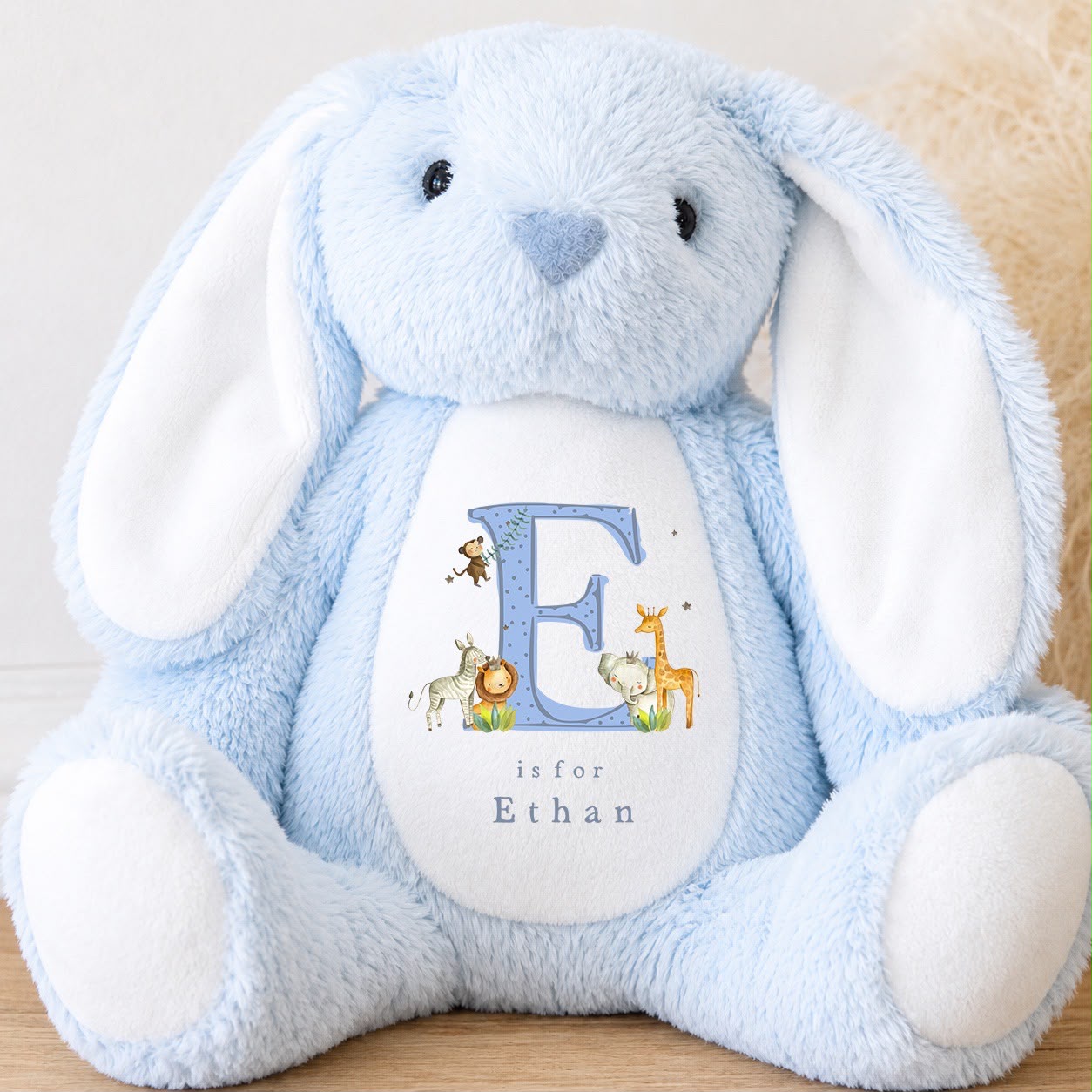 Personalised Baby Boy Bunny Soft Toy | Personalised Baby Gift - Safari Initial Design
