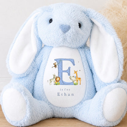 Personalised Baby Boy Bunny Soft Toy | Personalised Baby Gift - Safari Initial Design