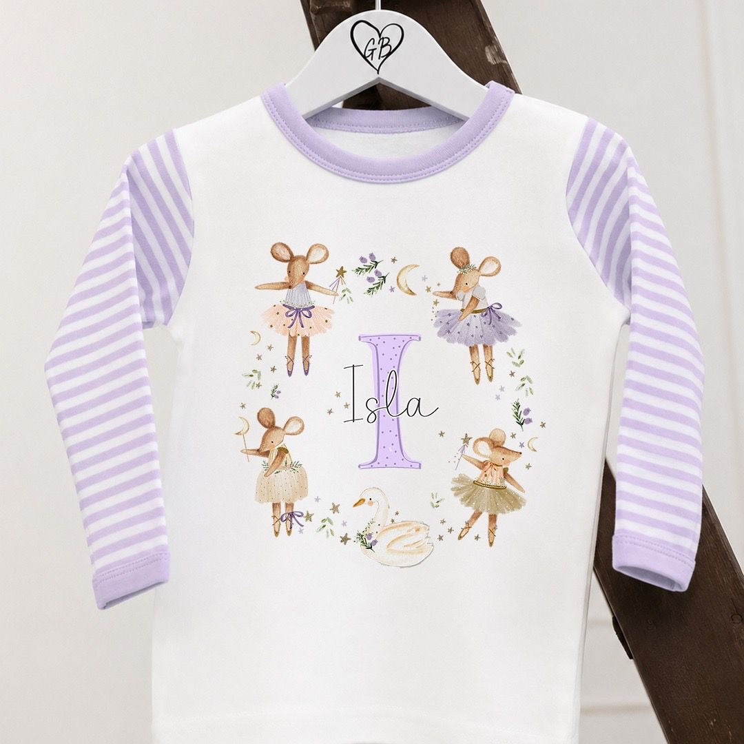 Personalised Girls Gifting Pyjamas Lilac Stripe - Mice Wreath Initial Design