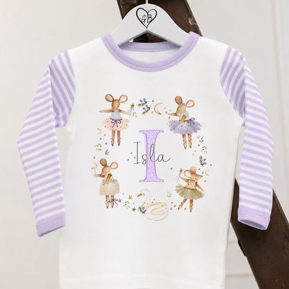 Personalised Girls Gifting Pyjamas Lilac Stripe - Mice Wreath Initial Design