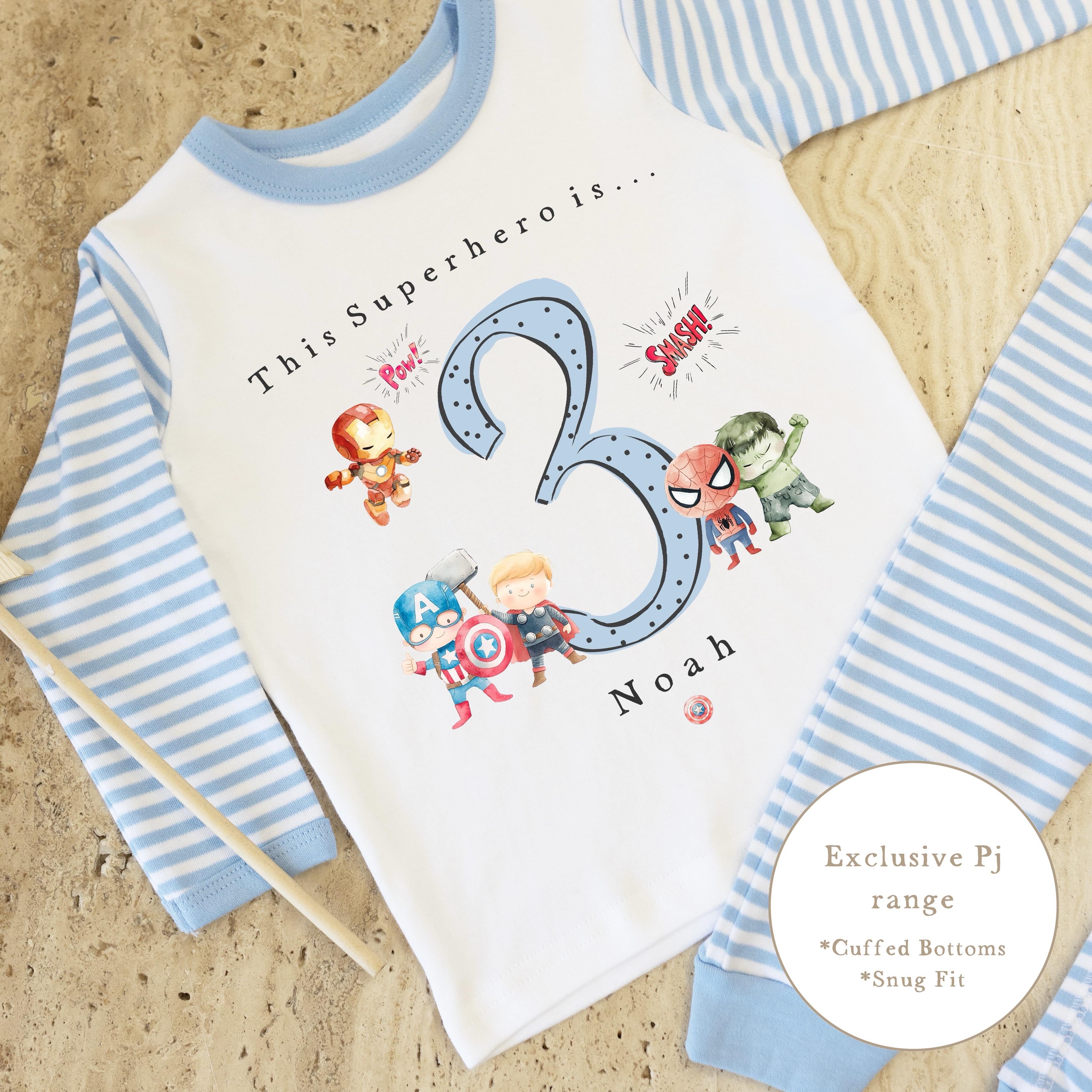Blue &amp; White Striped Personalised Birthday Pyjamas - Blue Superhero Design