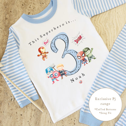 Blue &amp; White Striped Personalised Birthday Pyjamas - Blue Superhero Design