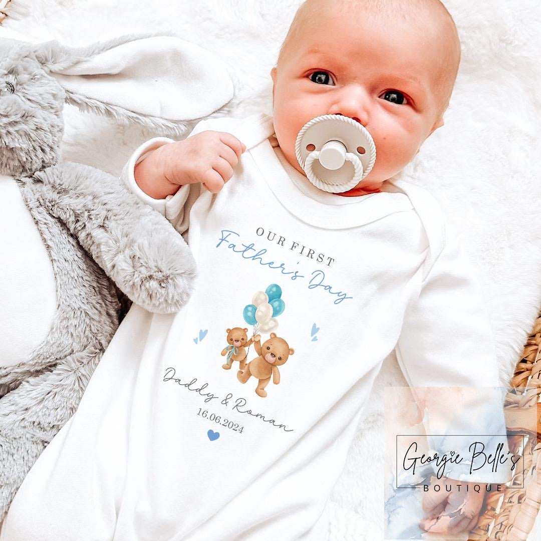 Father's Day Personalised Vest / Babygrow - Blue Bear Balloons Design