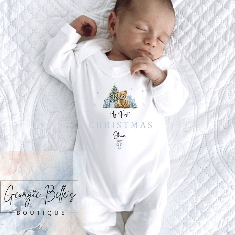 My 1st Christmas Vest / Babygrow - Blue Teddy Bear Design