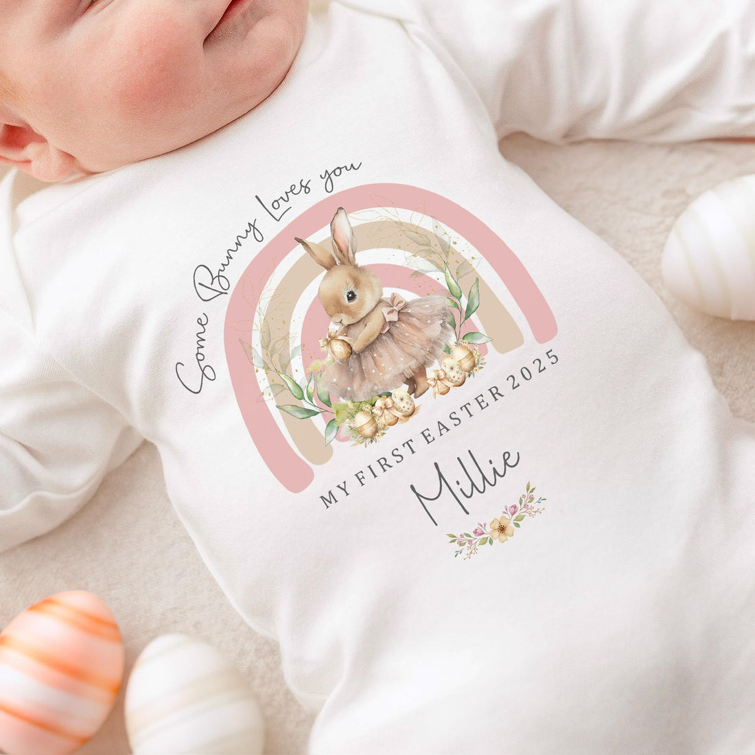 Personalised Easter Baby Vest / Babygrow - Some Bunny Pink Design