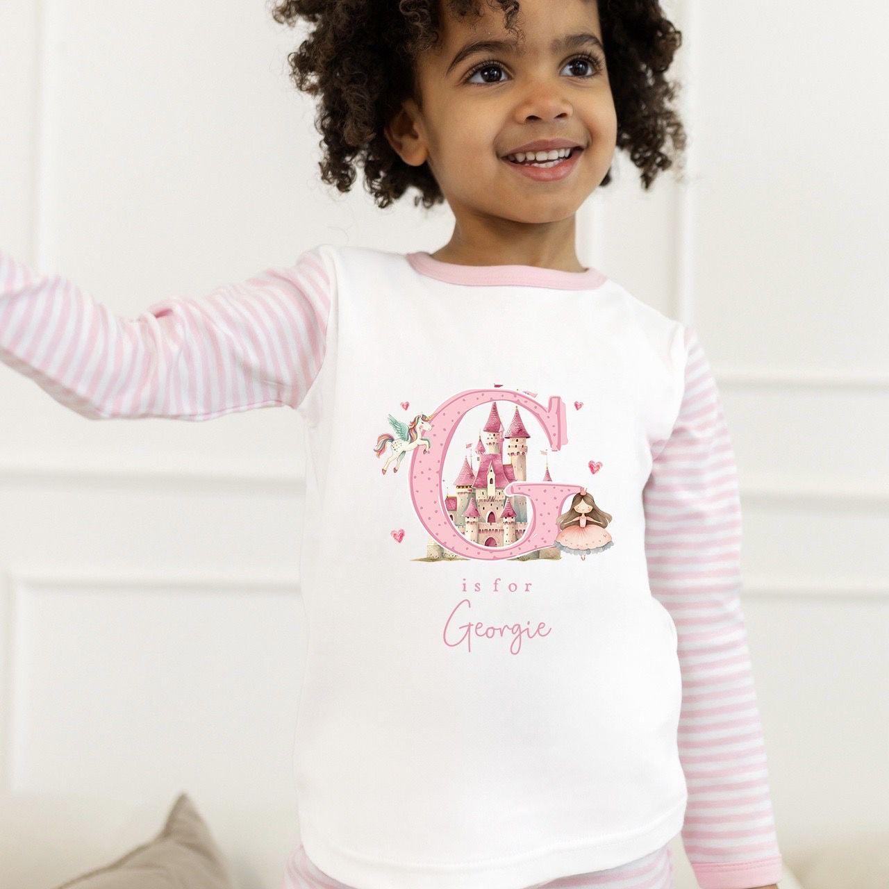 Personalised Girls Gifting Pyjamas Pink Stripe - Princess Initial Design