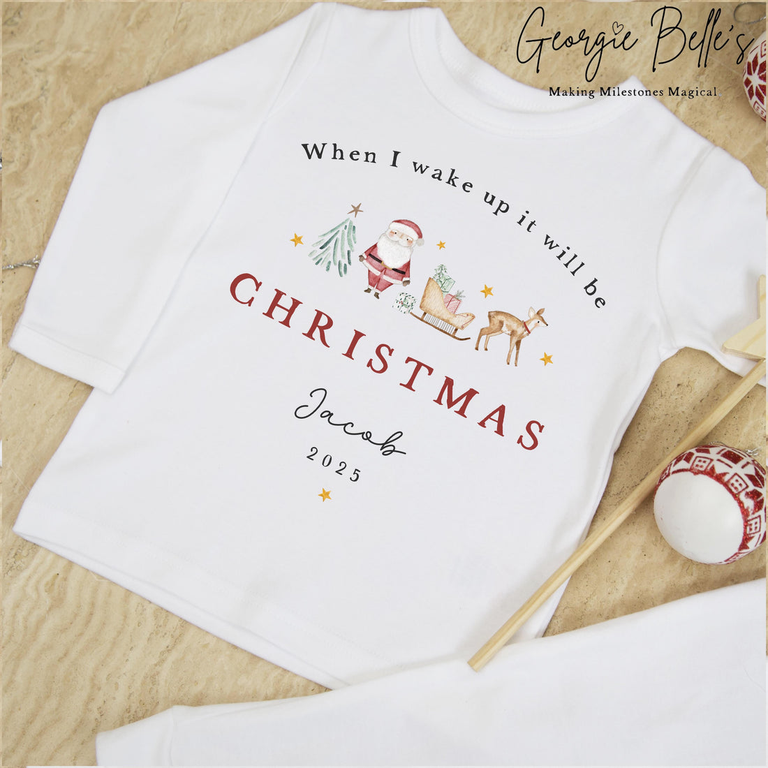 Personalised Plain White Christmas Pyjamas - When I Wake up It Will Be Christmas Design