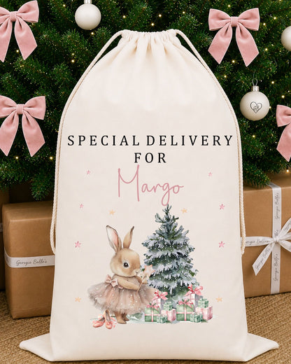 Luxury Personalised Premium Cotton Christmas Sack | Personalised Santa Sack | Pink Bunny Design
