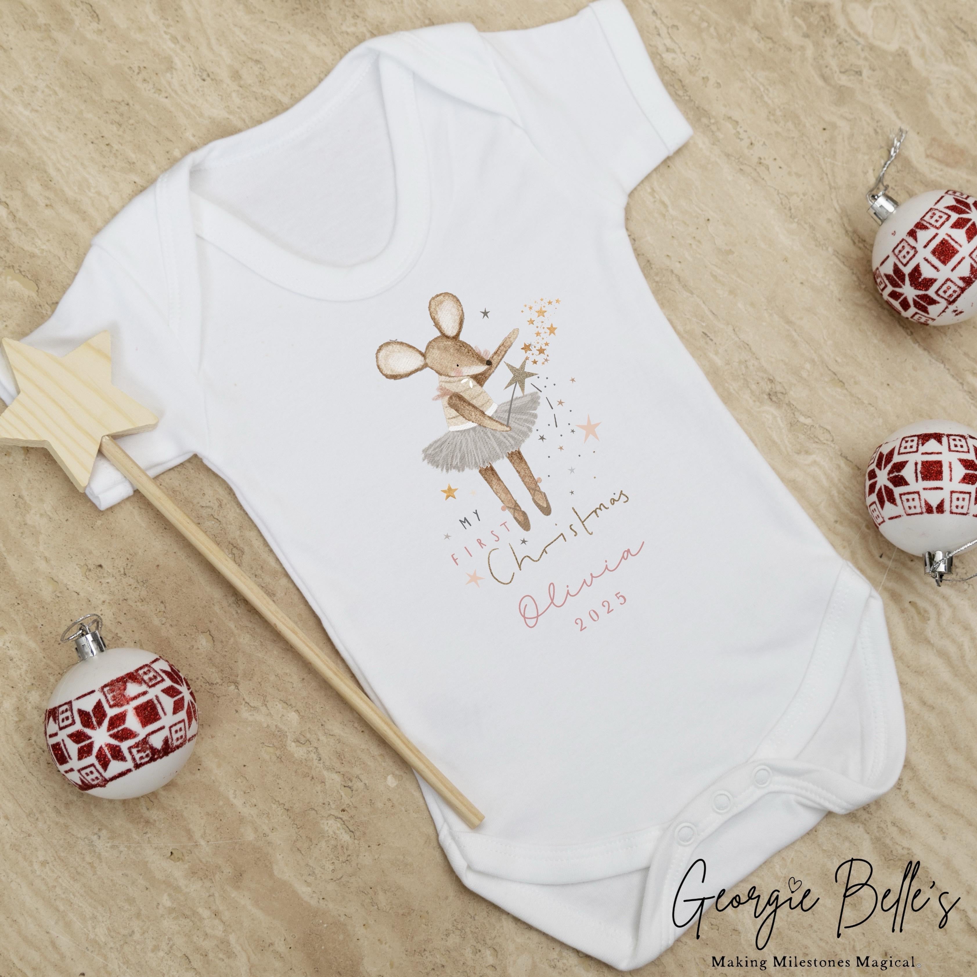 Personalised Christmas Sleepsuit / Bodysuit - First Christmas Pink Mouse Design