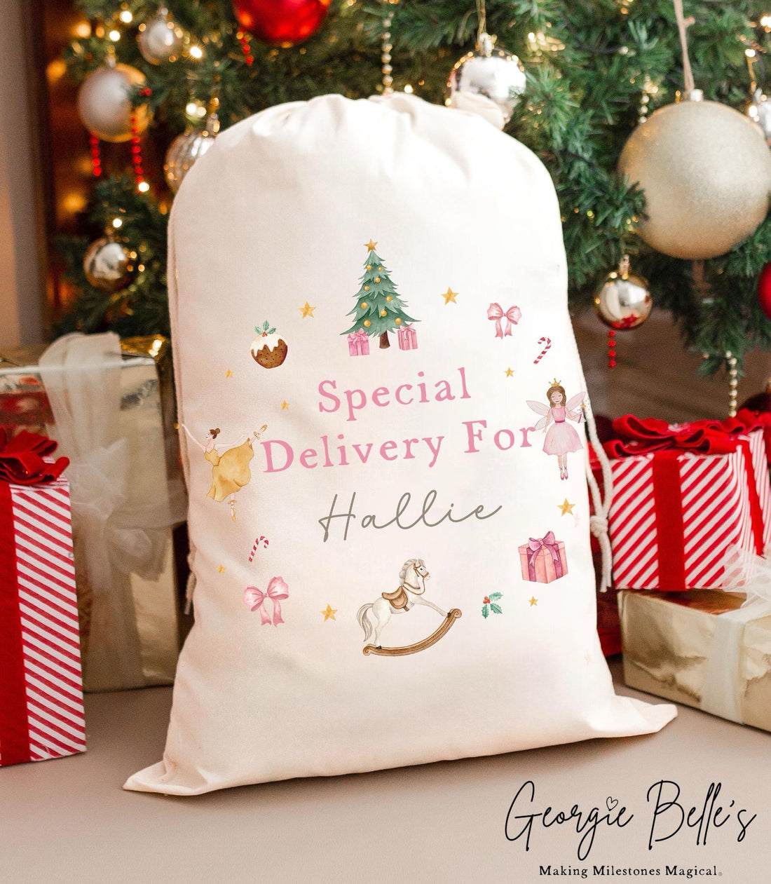 Personalised Luxury Premium Cotton Christmas Sack - Pink Nutcracker Wreath Design