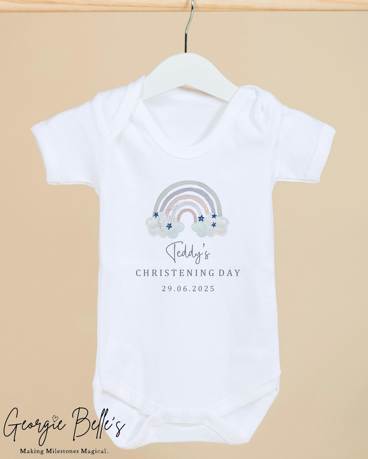 Personalised Christening Babygrow / Vest - Blue Rainbow Design