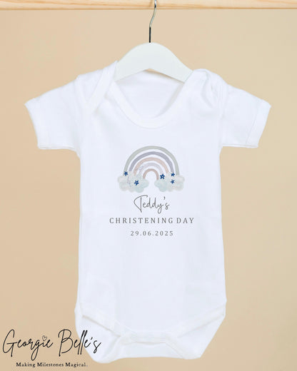 Personalised Christening Babygrow / Vest - Blue Rainbow Design