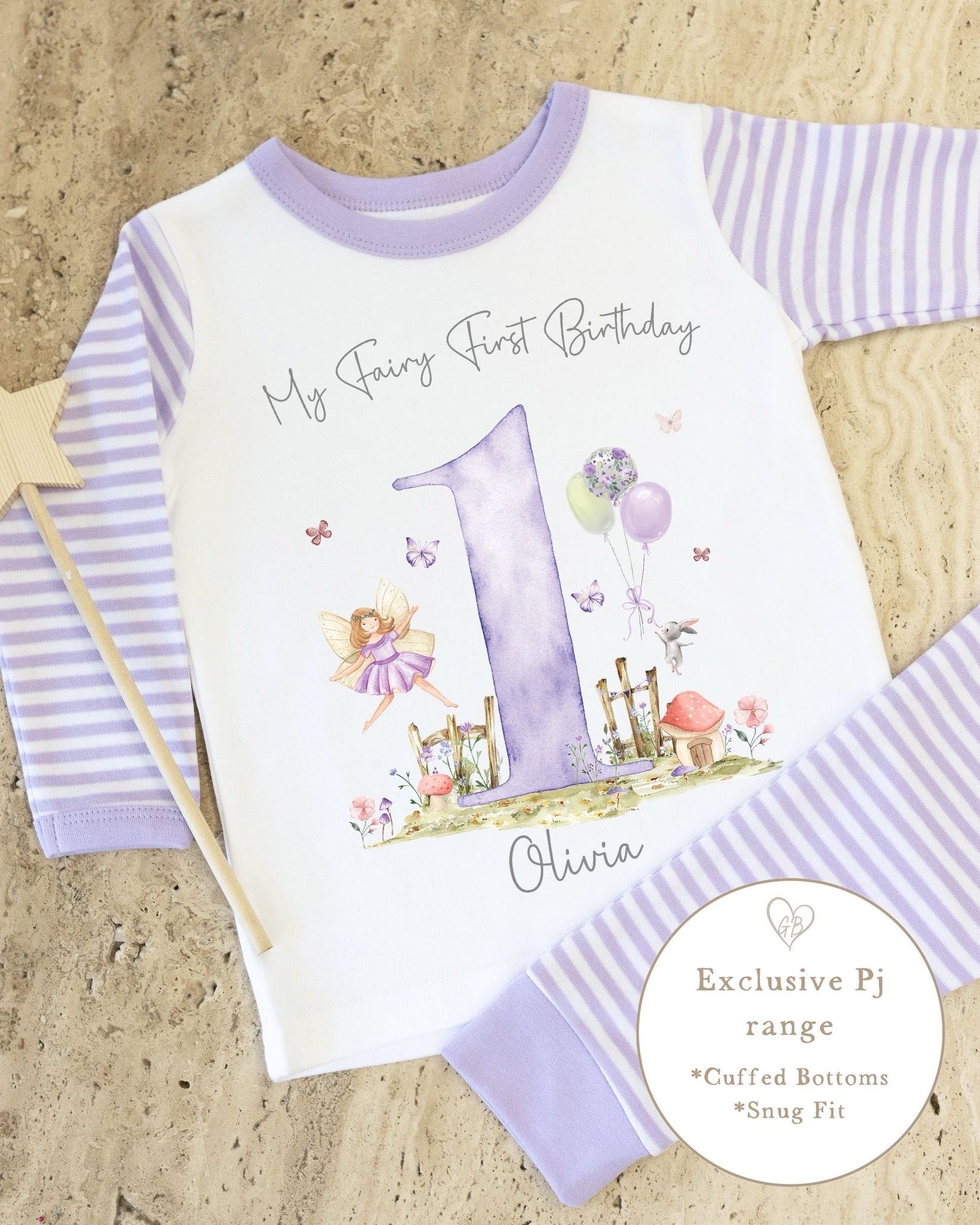 Lilac &amp; White Striped Personalised Birthday Pyjamas - Lilac Fairy First Design