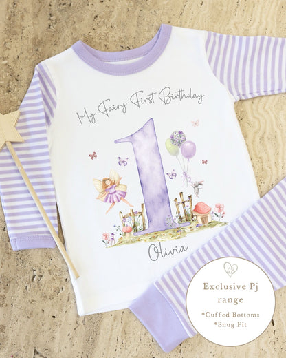 Lilac &amp; White Striped Personalised Birthday Pyjamas - Lilac Fairy First Design
