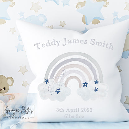 Personalised Baby Cushion - Blue/Grey Rainbow Nursery Cushion