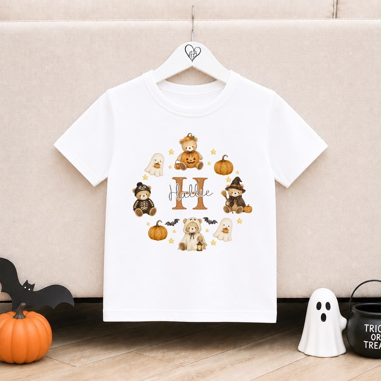 Personalised Halloween T-Shirt | Personalised Halloween Kids T-Shirt | Pumpkin Initial Wreath Design