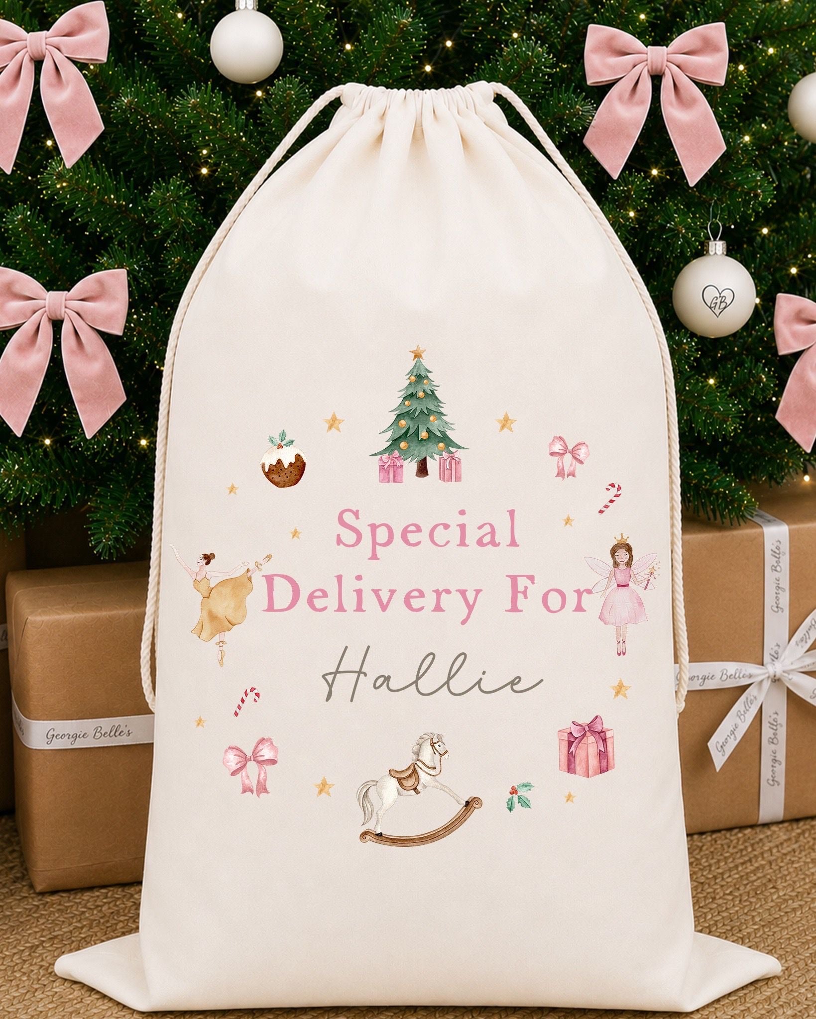 Luxury Personalised Premium Cotton Christmas Sack | Personalised Santa Sack | Pink Nutcracker Wreath Design