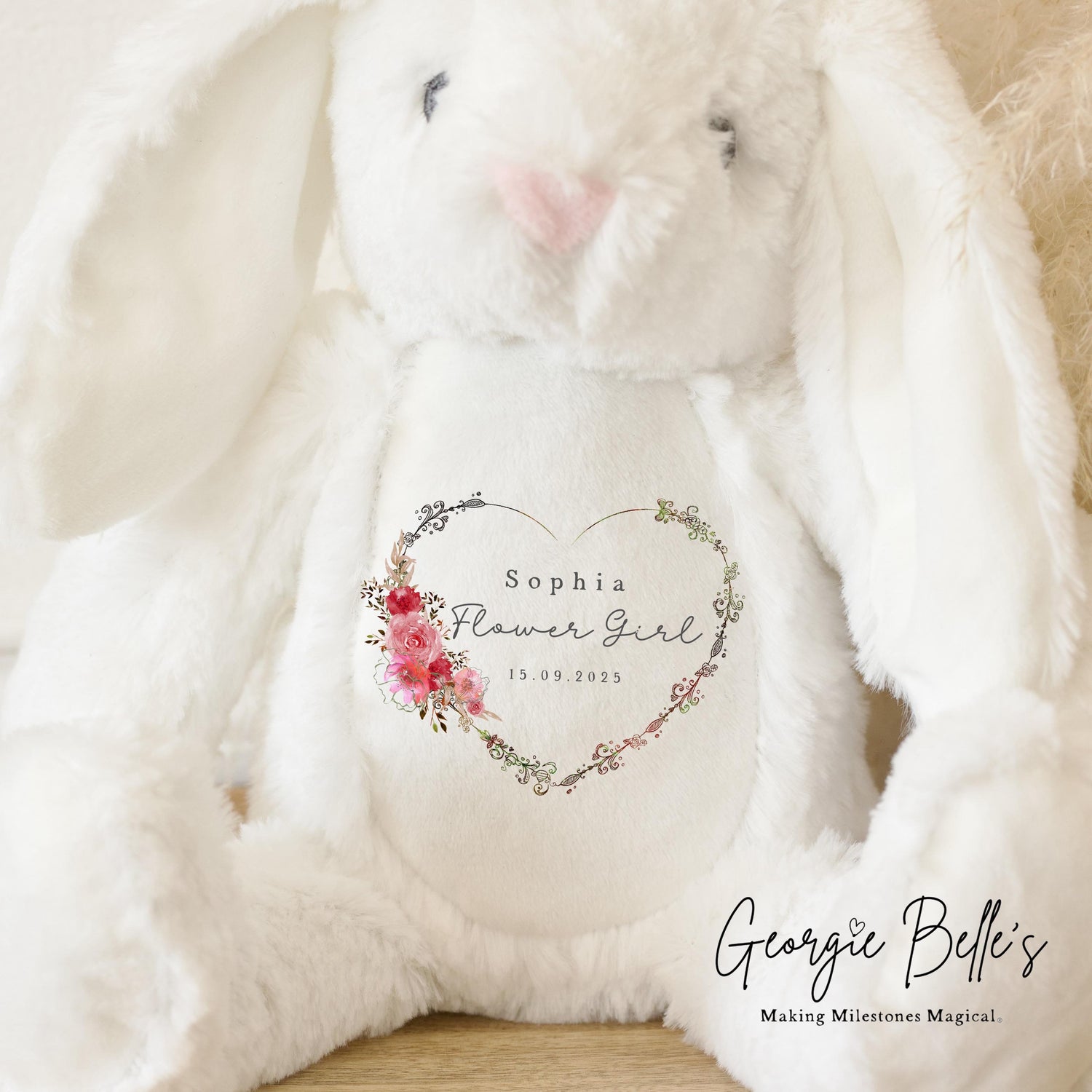 Personalised Flower Girl Bunny - Heart Wreath Design