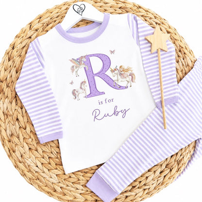Personalised Girls Gifting Pyjamas Lilac Stripe - Unicorn Initial Design