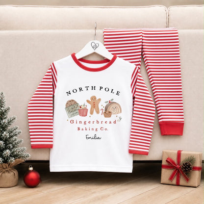 Personalised Christmas Pyjamas for Kids | 100% Cotton Red Stripe | North Pole Bakery Design