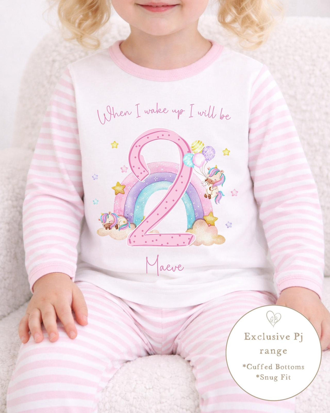 Personalised Pink Stripe Birthday Pyjamas - Pastel Unicorn Number Design