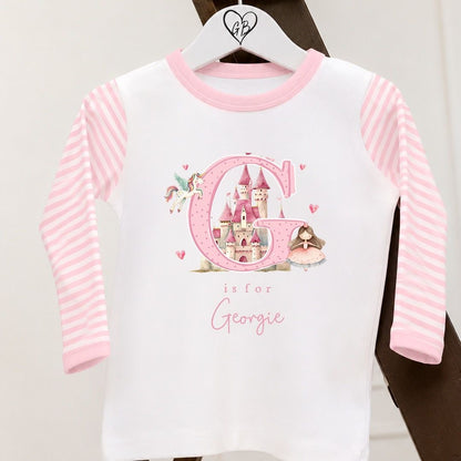 Personalised Girls Gifting Pyjamas Pink Stripe - Princess Initial Design