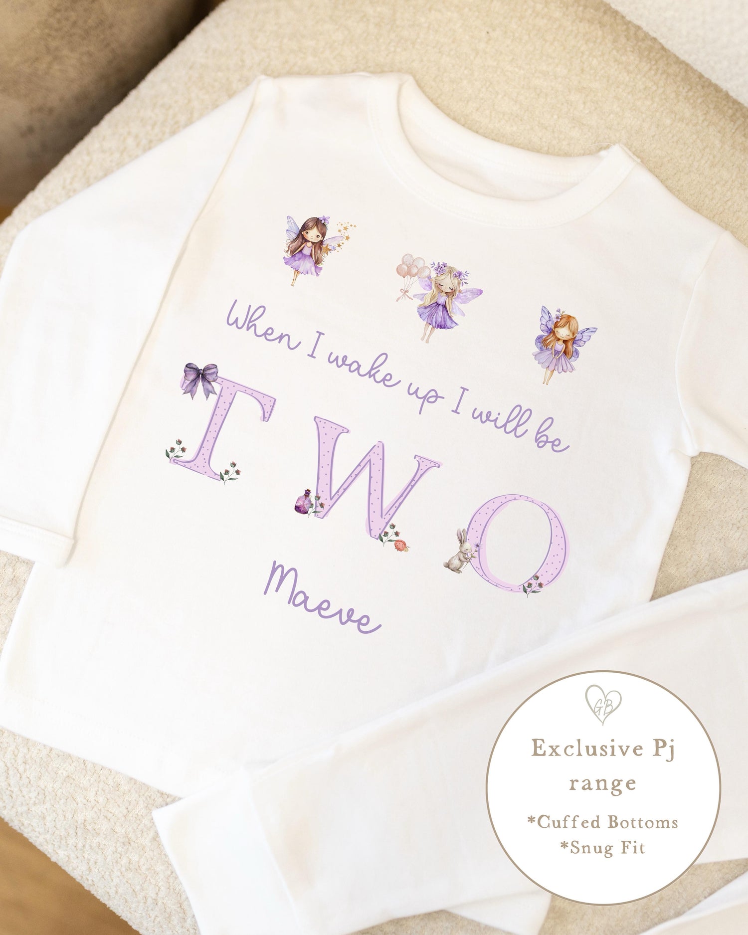 Plain White Personalised Birthday Pyjamas - Lilac Fairy Word Design