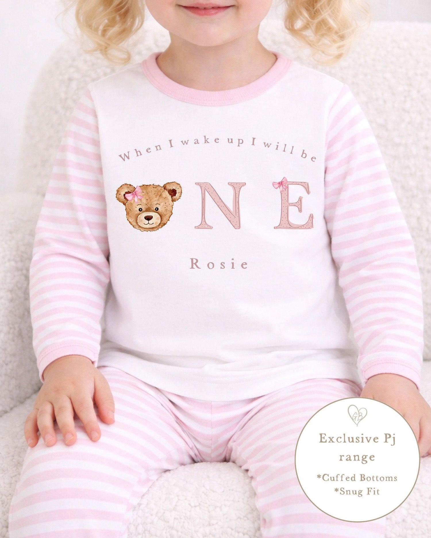 Personalised Pink Stripe Birthday Pyjamas - Bear Face Design