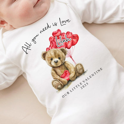 Personalised Valentines Day Baby Vest / Babygrow - All You Need Is Love Bear Design