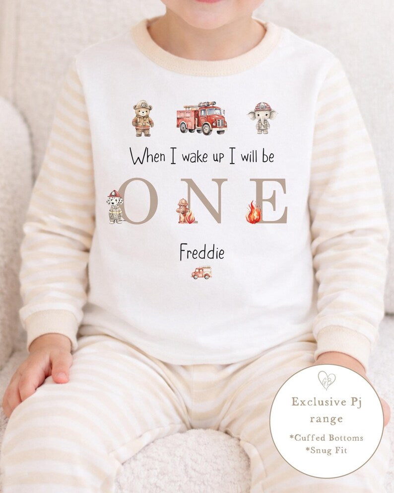 Personalised Beige Stripe Birthday Pyjamas - Fire Engine Design